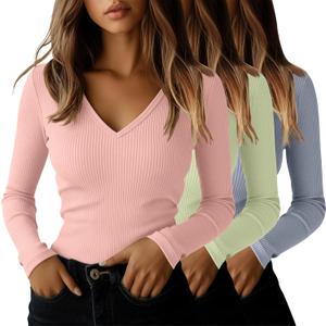 Ficerd 3 Pack Women's Long Sleeve T Shirts Cotton V Neck Slim Fit Tops Ribbed Knit Layering Casual Basic Tees Fall (Medium, Cool Gray, Light Green, Light Pink) M