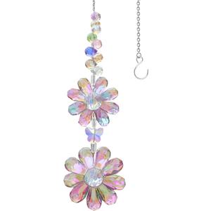 Crystal Flower Suncatcher Hanging Ornament, Rainbow Maker Window Sun Catcher Indoor Outdoor Patio Garden Decor (Purple)
