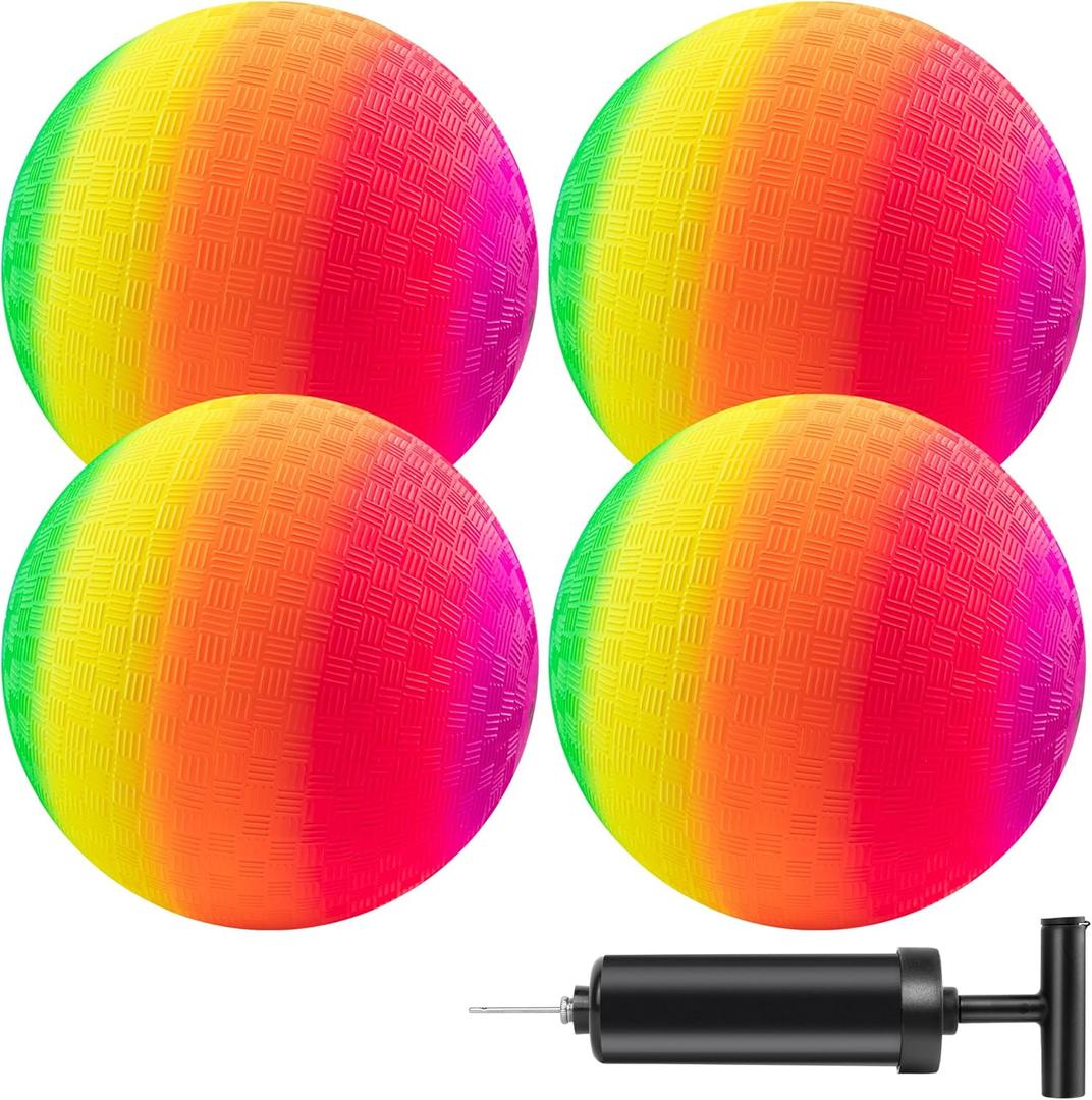 Mic Playground Balls Kickballs 8.5 Inch, Rainbow Playground Ball Set for Kids and Adults, Kick Balls for Indoor & Outdoor Schoolyard Games with Hand Pump(4 Pack)