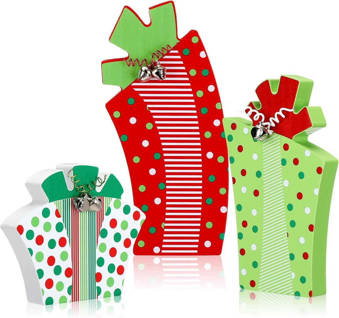 3 Pcs Christmas Table Centerpiece Decoration Red Green Wooden Gift Box Sign Rustic Sanding Tabletop Ornament with Bells for Holiday Xmas Farmhouse Fireplace Tiered Tray Decor