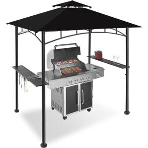 FAB BASED 5x8 Grill Gazebo, All-Weather Steel Construction, Double Tiered & Resistance Canopy Roof, Metal Serving Shelves, 2 LED and Bottle Opener for Patio, Backyard, BBQ (Black)