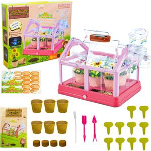 Kids Plant Growing Kit Greenhouse Growing Set Terrarium Kit Kids Science Educational DIY Plant Gardening Toy, Living Greenhouse with Solar Panel, Indoor Gardening Kit