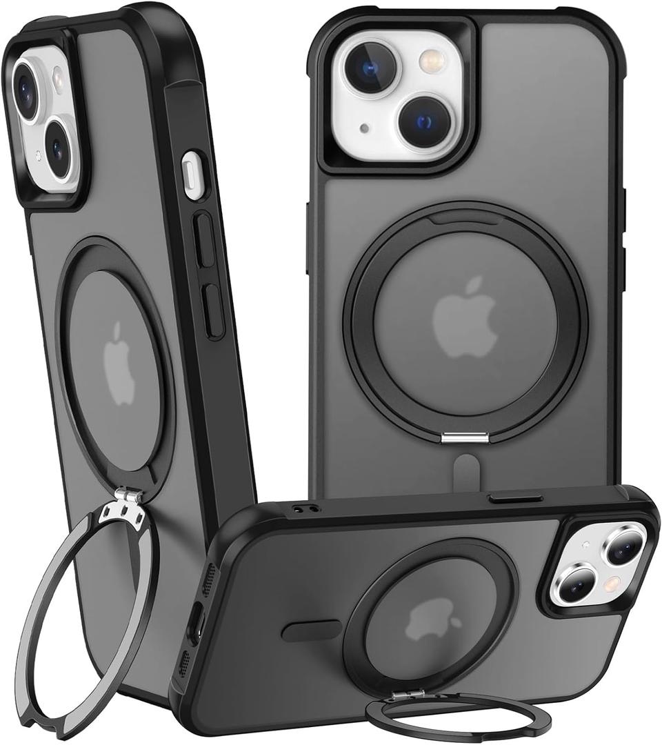 360 Magnetic Swivel Ring for iPhone 15 Plus case, Built-in Metal Stand and Ring Holder, Magsafe Compatible, Military Grade Protection, Shock Resistant - Black