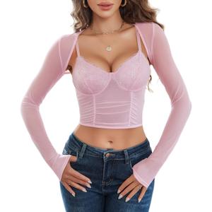 Avidlove Mesh Crop Top with Shrug Long Sleeve Sheer Top Sexy Low Cut Shirt Going Out 2 Pieces Clubwear (Small, Pink)