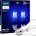 Blue Light Bulb, 4 Watts, A19 Colored LED Filament Bulbs, Clear Glass, 120 Volts, Dimmable, E26 Base, 2-Pack