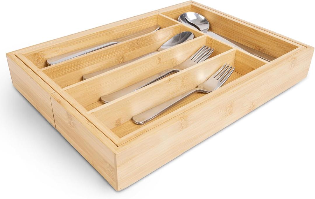 Smart Design Expandable Bamboo Cutlery Tray - Non-Slip Lining and Feet - Utensils, Flatware, Office, Personal Care, or Makeup Storage