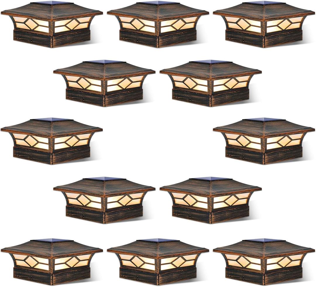 Solar Post Cap Lights Outdoor 12pack, Waterproof Solar Powered Deck Fence Post Lights for 4x4 Wood/Vinyl Posts, Solar Outdoor LED Light with Cool/Warm Lighting Decorate Garden Patio Porch (Brushed Copper)