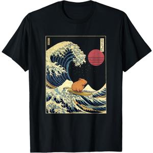 Capybara Japanese Kanagawa Wave Funny Surf Animal T-Shirt (Black, XL)