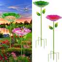 2 Pack Bird Baths for Outdoors, Colorful Metal Bird Bath for Outside, Hummingbird Bath with Five Stakes, Garden Flower Small Birdbath for Garden Decor, 31.3" H x 10.63" Dia (Red,Green)