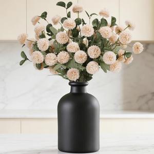 Lifewit Beige Artificial Flower for Vase, 10 Pcs Faux Silk Mums Ball with Long Stems and 2 Pcs Eucalyptus Stems for Home Decor, Fake Small Kiku for Floral Arrangement, Pom Pom for Centerpieces