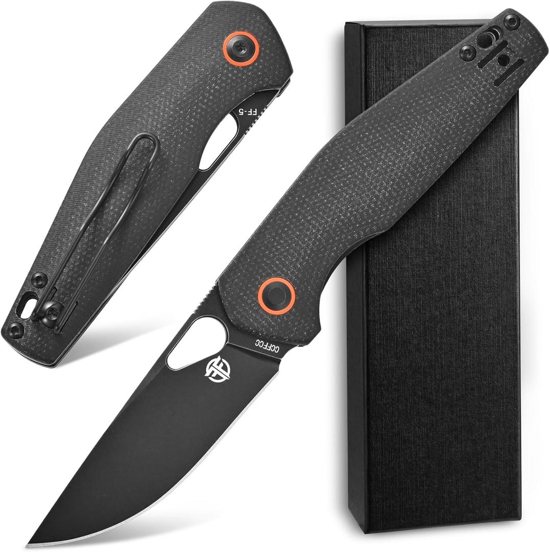 FF5 Folding Pocket Knife,DC53 Steel Blade Micarta Handle with Pocket Clip for Outdoor Camping Hunting Fishing Working (Black)