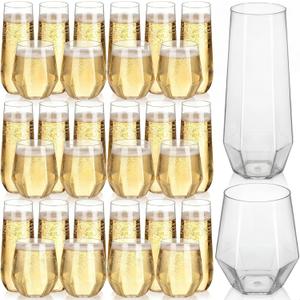 Remerry 48 Pack Stemless Plastic Wine Glasses 9 oz & 12 oz Disposable Champagne Flutes Cups Heavy Duty Shatterproof Toasting Cocktail Glasses for Weddings, Bars, Events(Clear Diamond)
