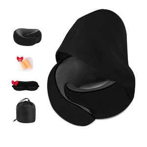 Travel Neck Pillow, Newly Upgraded Hooded Neck Pillow, 100% Pure Memory Foam Travel Pillow for Flight Headrest Sleep,Portable Aircraft Accessory,Suitable for use in Plane/Car/Office(Black)