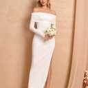 EYNMIN Off Shoulder Long Sleeve Maxi Dress Ruched Bodycon Slit Elegant Formal Fall Wedding Guest Dresses for Women White (White, S)