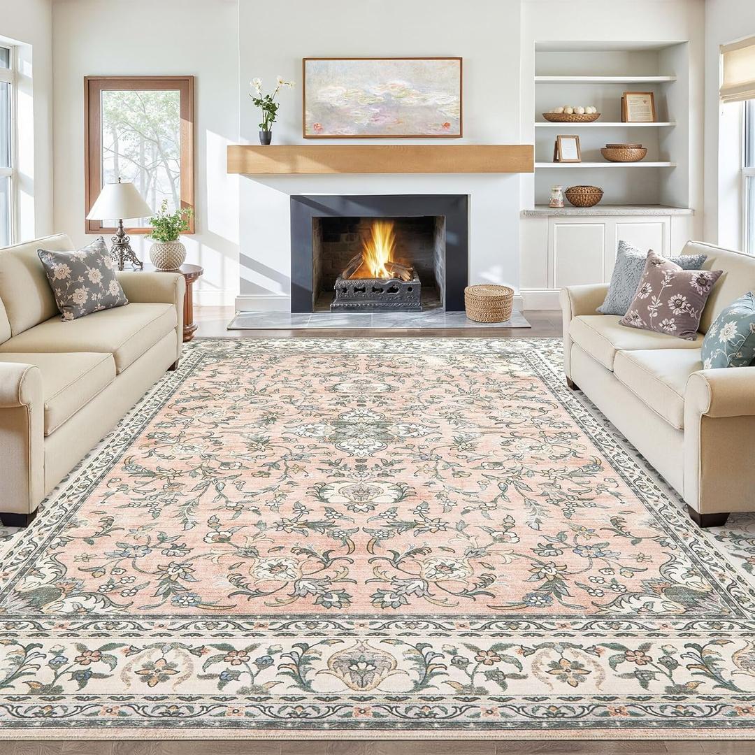 Tortania Area Rug Living Room Rugs - 8x10 Washable Boho Rug Vintage Oriental Distressed Farmhouse Large Thin Indoor Carpet for Living Room Bedroom Under Dining Table Home Office - Floral Pink
