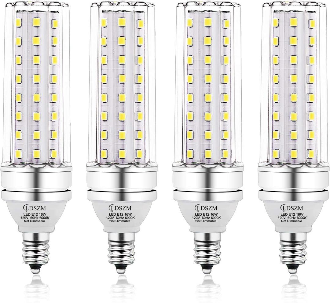 E12 LED Bulbs,16W Candelabra LED Light Bulb,120 Watt Equivalent 1400lm CRI 85+ Eye Protection, Daylight White 6000K E12 Base Chandelier Bulbs, Non-Dimmable Ceiling Fan Light Bulbs,4 Pack