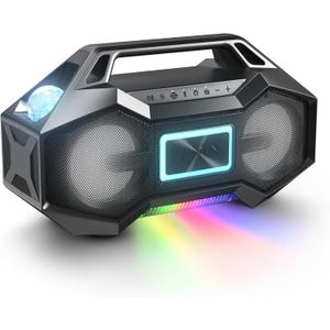Ion Party Rocker Go Portable Bluetooth Boombox Speaker with Party Lights, Battery, 3.5" Speakers, FM Radio, USB Charge Port, App, Water-Resistant, 60W