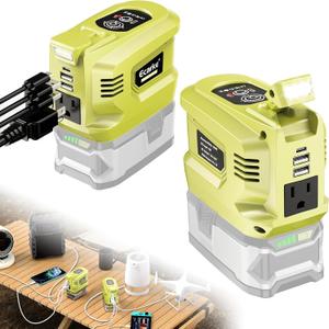 Ecarke 200W Portable Power Inverter Compatible with Ryobi 18V Battery, DC 18V to AC 110V Power Station with 1 AC Outlet, 2 USB, 1 Type-C & LED Light, for Outdoor Emergency Use (No Battery)(2-Pack) (Green)