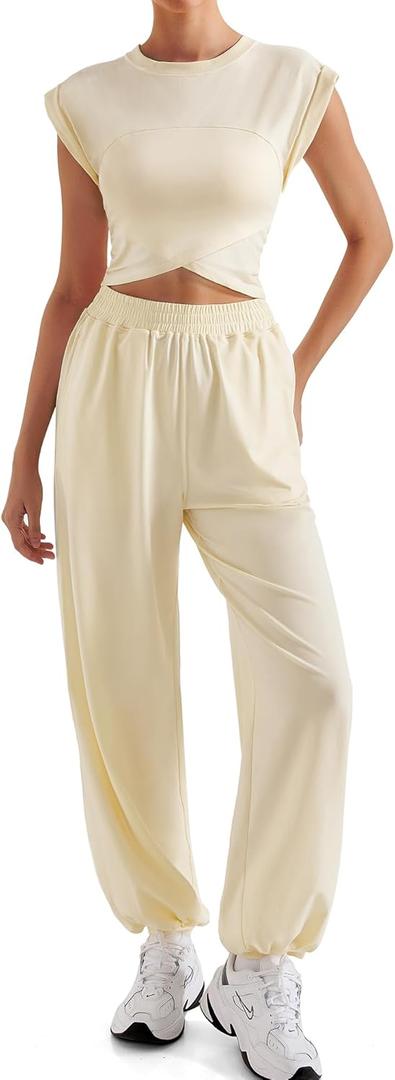 SUUKSESS Women 2 Piece Matching Lounge Workout Sets Outfits Sleeveless Cropped Tops Summer High Waisted Wide Leg Pants (Medium, Beige)