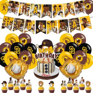San-Diego Party Decorations - Baseball Birthday Supplies: Banner, Cake Topper, 12 Cupcake Toppers, 18 Balloons, 2 Baseball Foil Balloons