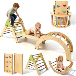 Foldable Pikler Triangle Climbing Set Wooden 7 in 1 Montessori Climber Toys for Toddlers 1-3 Baby Jungle Gym Indoor Slide Playground with Ramp & Arch & Ladder Large Kids Activity Center Boy Girl Gift