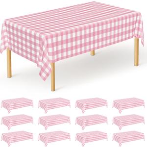 12Pack Table Cloth Rectangle Table, 54" x 108" Plastic Table Cloth Disposable, Waterproof Pink and White Checkered Table Cover for Outdoor Picnic Birthday Party Supplies Gathering BBQ Holiday Dinner (12pcs 54x108 in)