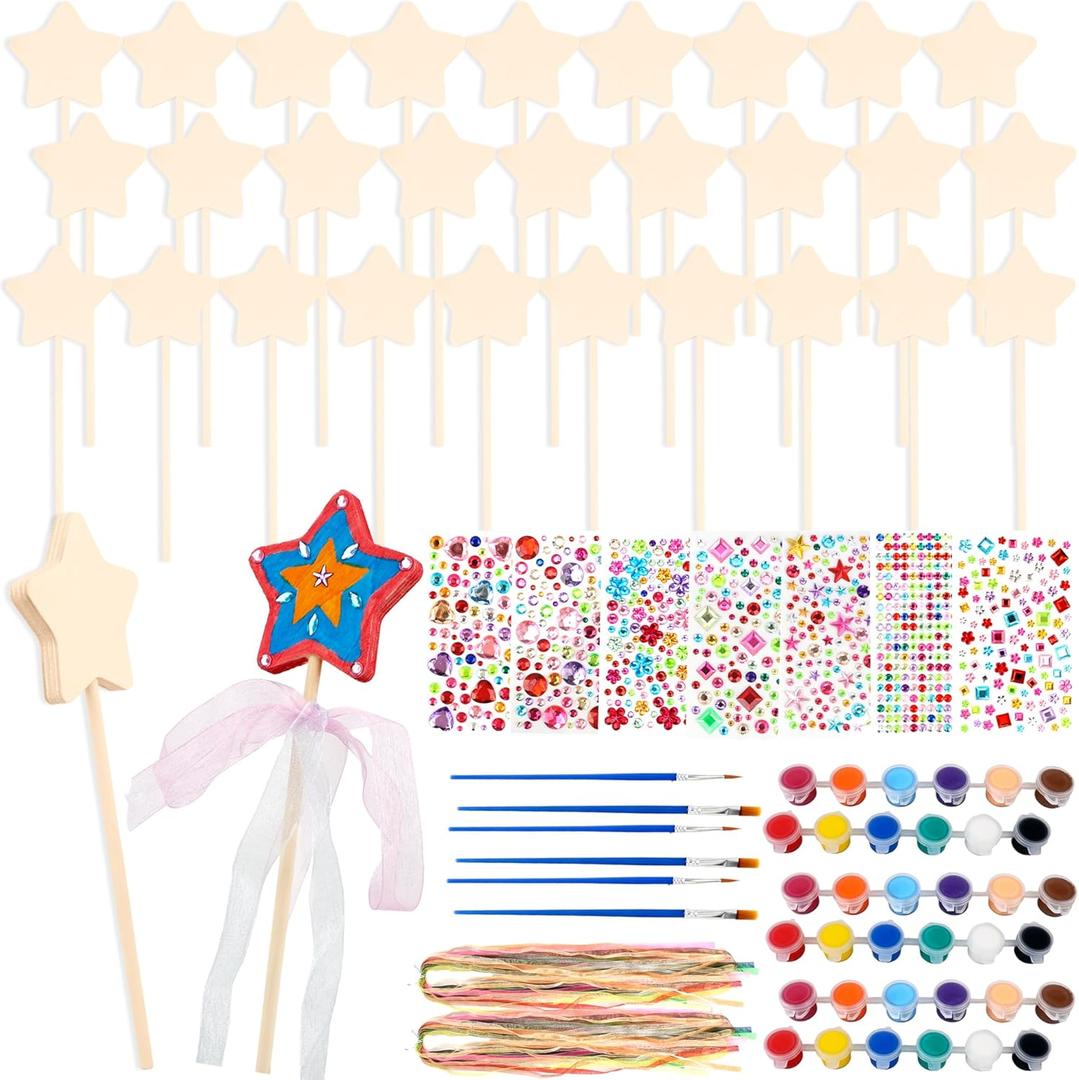 89 Pcs Make Your Own Wooden Princess Wand DIY Fairy Wands Kit Include 30 Pcs 3D Wooden Star Wands 7 Gem Stickers 40 Ribbons 12 Painting Props for Painting Crafts Birthday Party Supplies Gifts