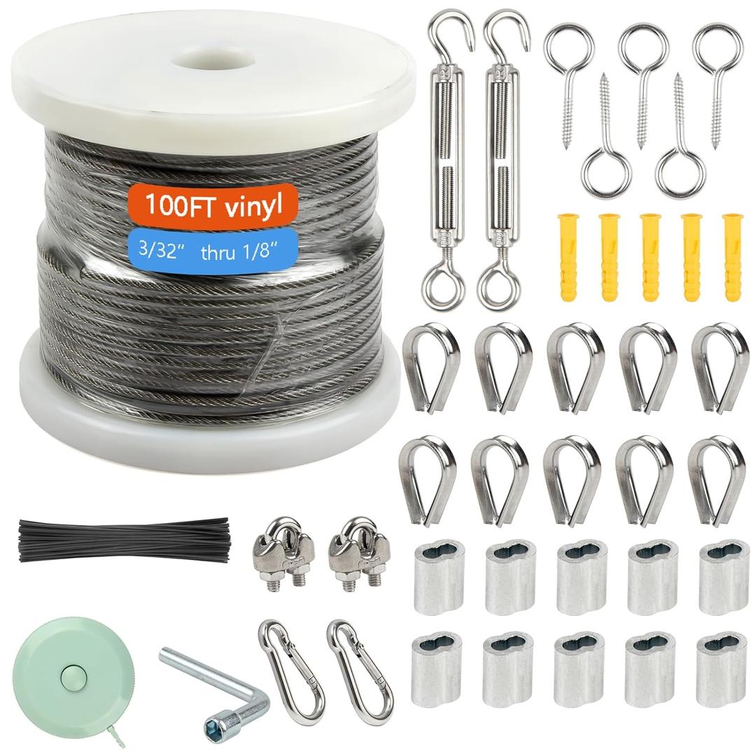 1/8" Wire Rope Kit - Steel Wire, 100FT Turnbuckles for Cables, Vinyl Coated Stainless Steel Cable for Outdoor, Garden, Kitchen, Craft