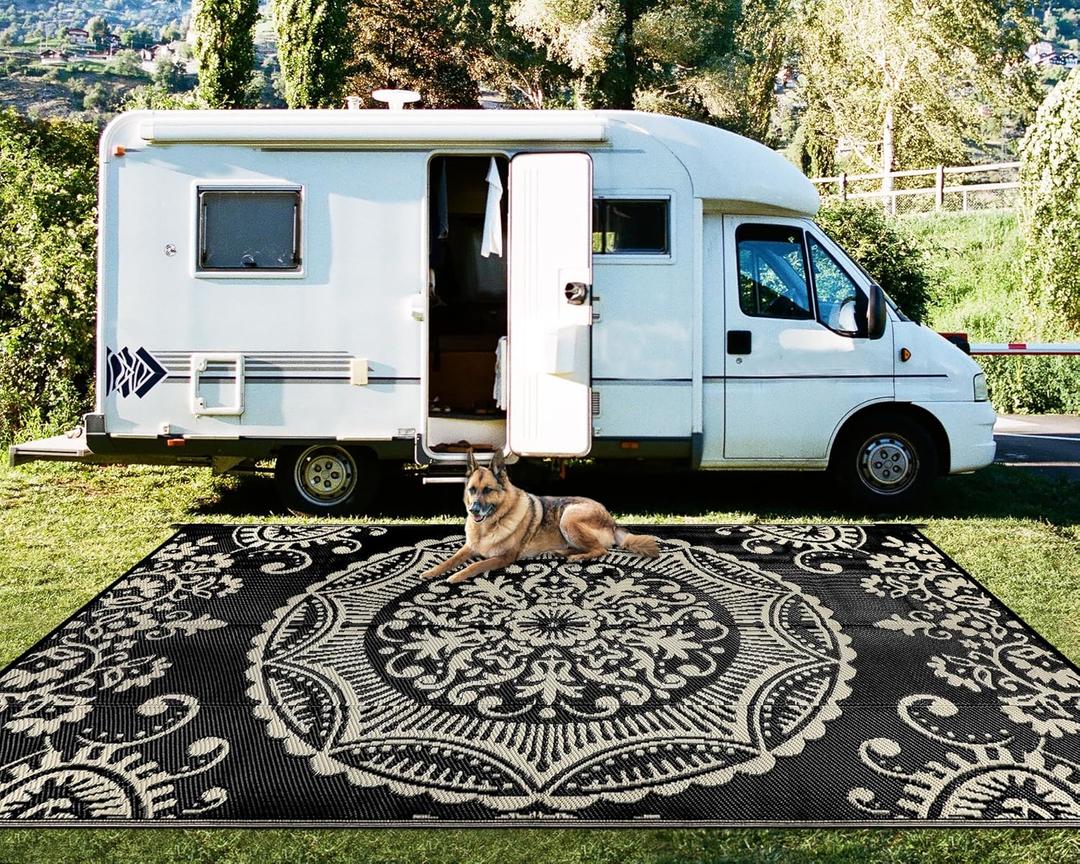 Capslpad Outdoor Rug 9x12 Patio Waterproof Boho Floral Plastic Straw Rug Large Foldable Vintage Outside Carpet with Carry Bag for RV Backyard Balcony Bench Picnic Porch, Camel