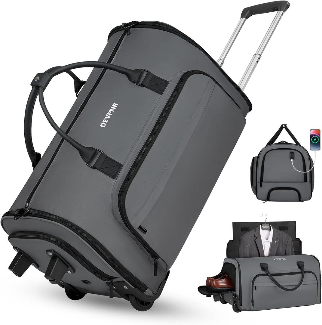 Rolling Garment Bags for Travel, 59L Rolling Duffle Bag with Wheels and Shoe Compartment for Men and Women, 3 in 1 Carry on Convertible Travel Garment Bag with Wheels, Gray