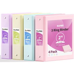 SUNEE 3 Ring Binders 2 Inch 4 Pack, Clear View Binder Three Ring PVC-Free (Fit 8.5x11 Inches) for School or Office Supplies, Assorted Pastel
