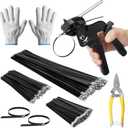 Stainless Steel Zip Ties Gun Set, with 300PCS Black Metal Zip Ties (100 Each of 6, 8, 11.8 Inch), Heavy Duty Fastening Cutting Tie Tool Sets for Chain Link Fence, Exhaust Pipes, Automotive