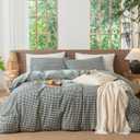 MooMee Gingham Duvet Cover Set 100% Washed Cotton Linen Like Textured Breathable Durable Soft Comfy Modern Checkered Design (Mini Gingham Forest Green, Full 80"x90")