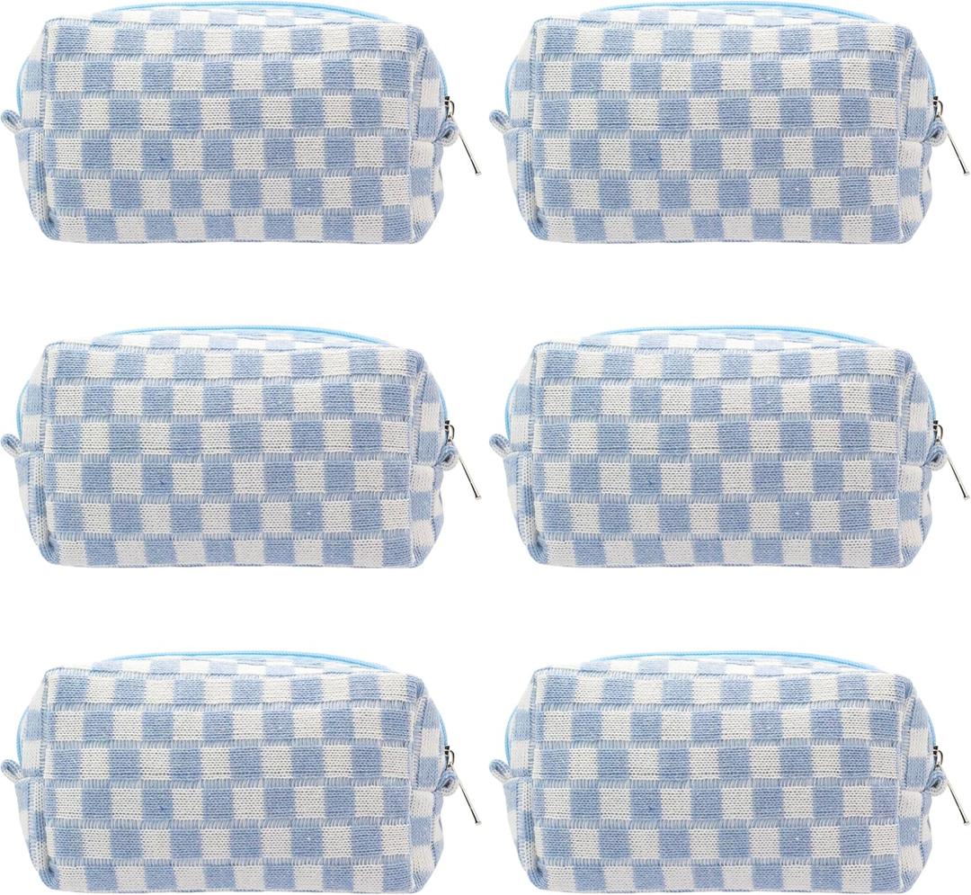 PAZIMIIK Checkered Makeup Bag for Purse Portable Zipper Make Up Pouch Small Cosmetic Case for Travel Accessories (6PCS Blue)