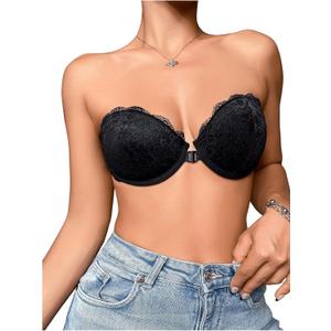 OYOANGLE Women's Lace Strapless Underwire Bras Front Closure Lightly Lined Bandeau Bra (Medium, Black)