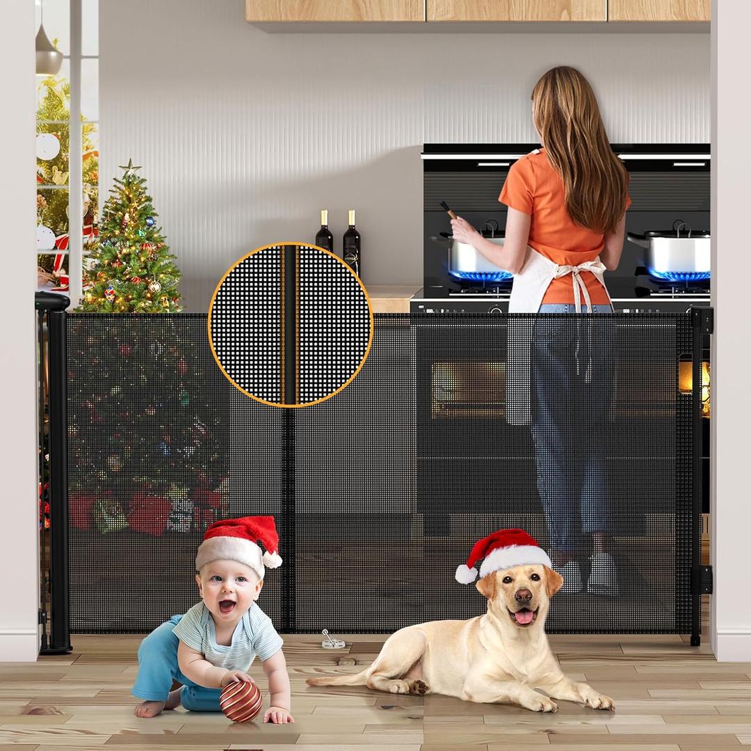 Uamector 138-Inch Extra Wide Retractable Baby Gate & Dog Gate, Reinforced Mesh Safety Gate Adjustable for Large Openings - Stairs, Doorways, Hallways - Indoor/Outdoor Use (138"W x 34"H, Black)