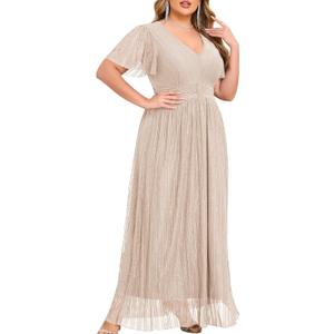 ZOMVA Plus Size Maxi Formal Dress Sparkly V-Neck A-line Ruffle Sleeves Evening Gown Cocktail Prom Lace, Champagne, 1X