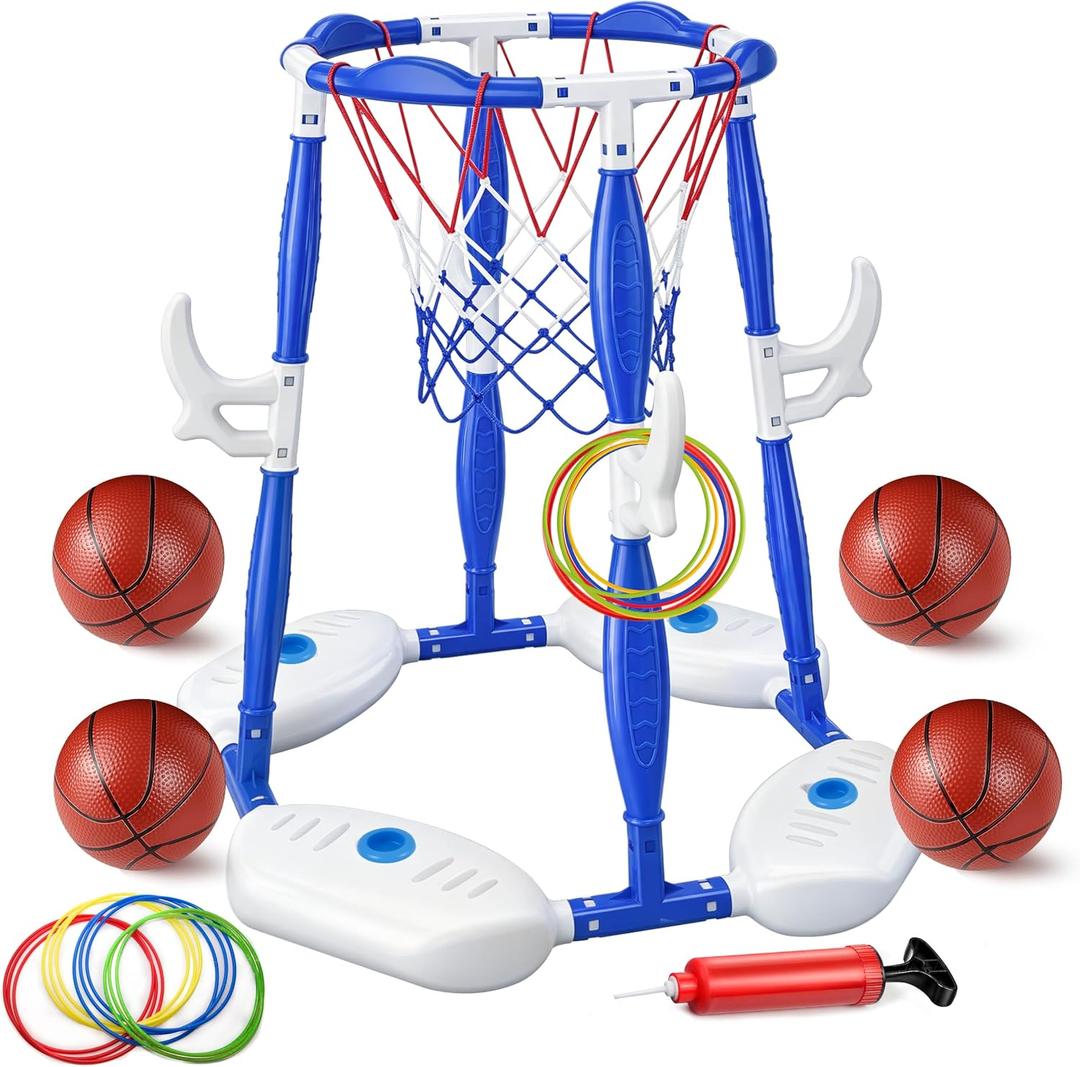 Pool Basketball Hoop, 2-in-1 Floating Basketball Hoop & Ring Games with 4 Balls 12 Rings and Pump, Outdoor Family Party Water Swimming Pool Basketball Float Toys for Kids Ages 4-8 8-12