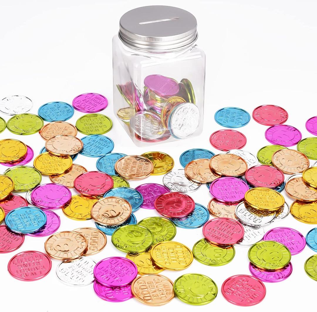 Caught Being Good Coins Tokens-100 Pcs, Colorful Plastic Reward Incentive Behavior Pretend Play Coins with Reward Jar, Reward Plastic Play Incentive Tokens for Kids Behavior School Teacher