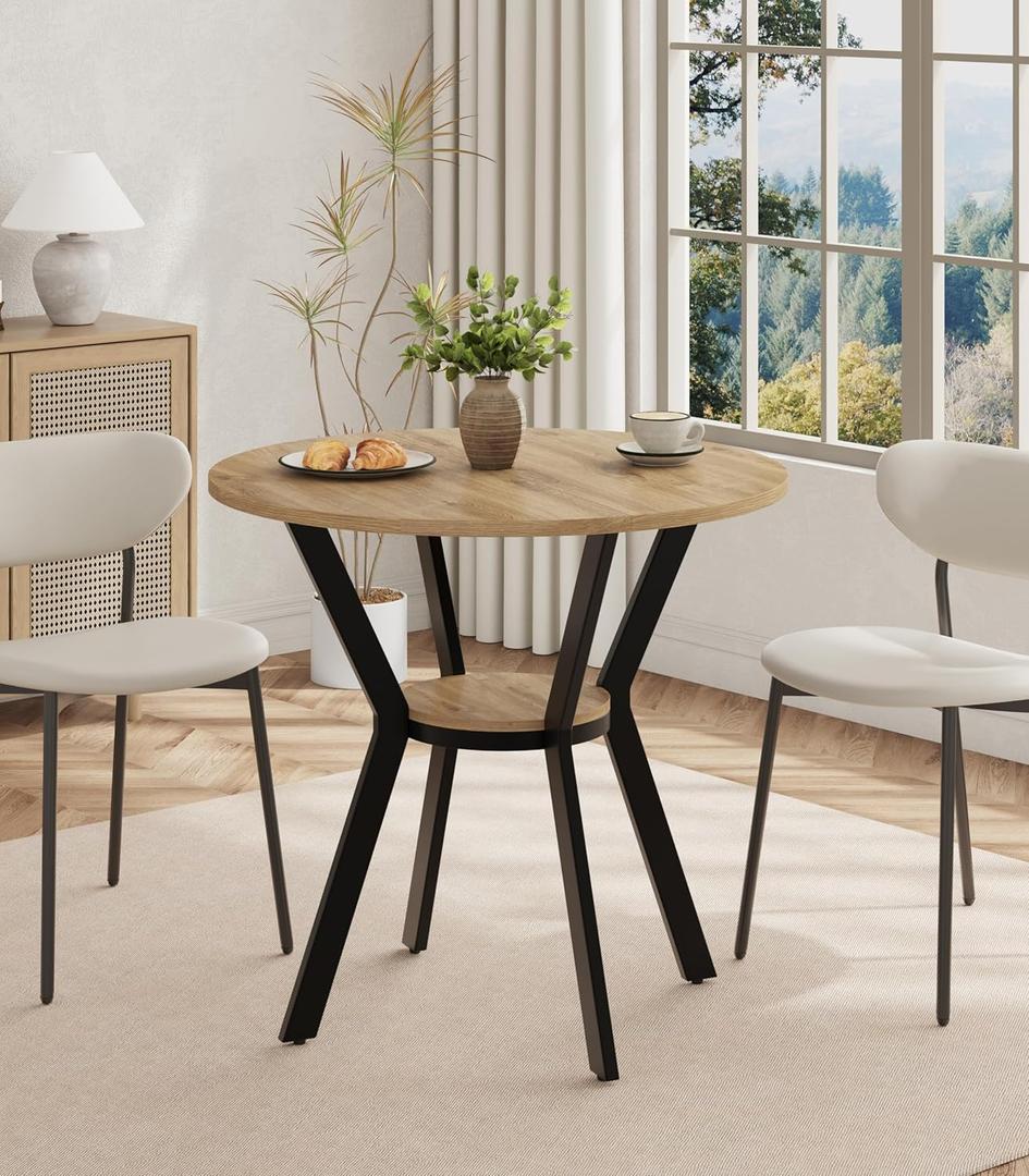 Round Kitchen Tables for 2-4, 31.5" Small Dining Tables with Storage, Rustic Wood Circle Dinner Table with Metal Leg, Farmhouse Dinner Table for Small Space, Dining Room, Kitchen, Office, Apartment