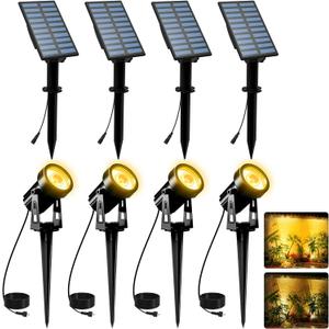 T-SUNUS Christmas Solar Landscape Spotlights 4 Pack Warm White 3000K, Spot Lights IP65 Waterproof Outdoor Separated Panel with 9.8ft Cable, Garden Pond Light for Flag Driveway Walkway Patio Halloween