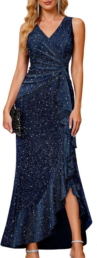 BeryLove Womens Sequin Formal Long Ruffle Dress Party Wedding Cocktail Gown Sequin Homecoming Formal Maxi Dress V Neck Ruched Wrap Mother of Bride Dresses with Ruffle for Sparkly Prom Evening Events, Navy XL