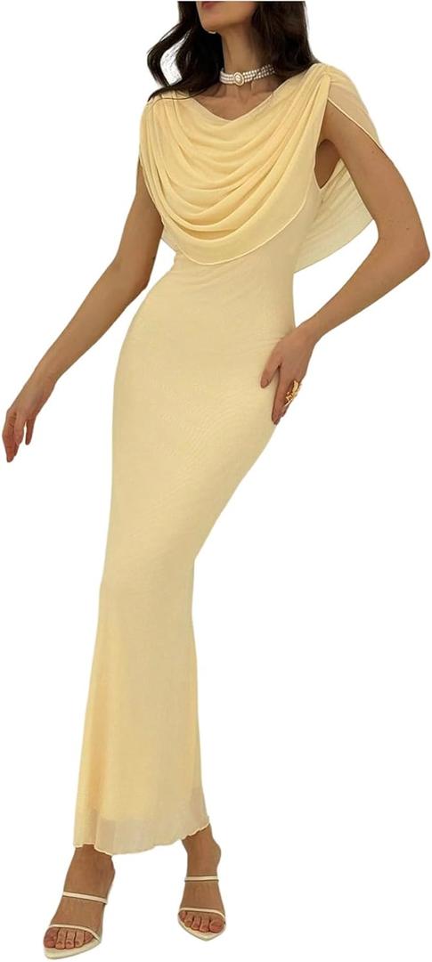 GORGLITTER Women's Ruched Mesh Bodycon Maxi Dresses Draped Front Cowl Neck Wedding Guest Cocktail Long Dress (Medium, Yellow)