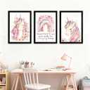 Cute Pink Unicorn Girl Quote Framed Wall Art Set of 3, Lovely Pastel Purple Rainbow Saying Sign for Baby Kid Toddlers, Cozy Watercolor Wooden Preschool Inspirational Flower Nursery Wall Decor Black