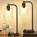 Set of 2 Industrial Table Lamps with USB C+A Ports and Outlet, Fully Stepless Dimmable Bedside Lamps for Bedrooms, Nightstand Desk Lamp with Glass Shade for Reading Living Room Office (Bulbs Included)