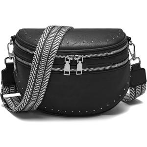 Medium Bum Bags for Women Crossbody PU Leather Womens Fanny Pack Purse Checkered Crossbody bag Belt Purse Black
