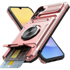 Vofolen for Samsung Galaxy A15 5G Phone Case with Card Holder [Store 2 Cards] + 360 Rotated Ring Holder Kickstand Heavy Duty Shockproof Wallet Phone Case for Samsung Galaxy A15 5G, Rose Gold