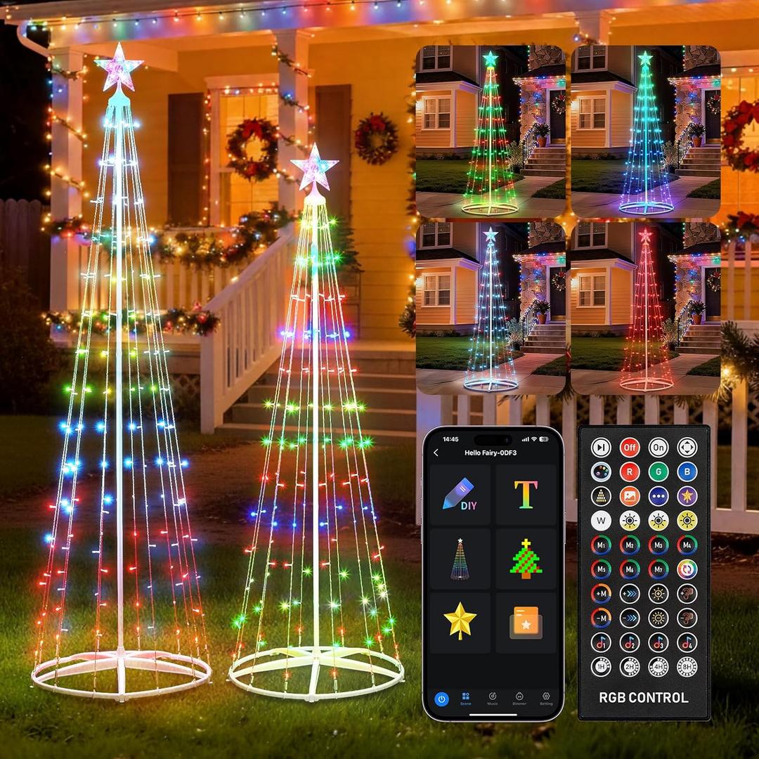 2 Pack Smart Christmas Cone Tree Light - 5FT 130 LED & 6FT 154 LED Artificial Tree with Star Topper, Music Sync, DIY RGB Light Show for Indoor/Outdoor Decorations (RGB - APP Control)