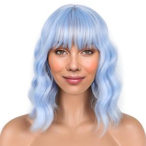 Light blue Short Bob Wigs with Bangs for Women Loose Wavy Hair Shoulder Length Wigs Synthetic Colorful Wigs for Cosplay Daily PartyUse(Light blue12inch)
