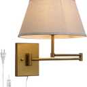 Vintage Fabric Plug-in Cord Wall Sconce with Linen Cloth Shade | Swing Arm, Adjustable, with on/Off Switch, Brass Gold Wall Mounted Lamp, for Bedside Bedroom Living Room, Indoor Home Decor